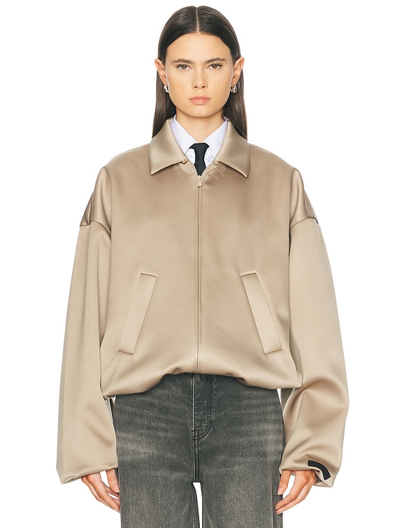 Fear of God ESSENTIALS Satin Bomber Jacket in Desert Sand | FWRD