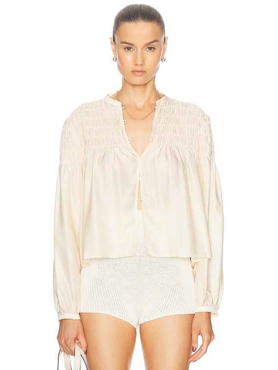 FRAME Smocked Collarless Blouse in Champagne | FWRD FRAME Smocked Collarless Blouse in Champagne | FWRD