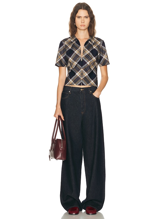 FRAME X Amelia Gray Checkmate Top in Navy Multi | FWRD