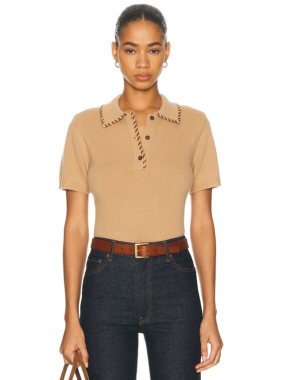 FRAME The Leather Stitch Polo Top in Camel | FWRD