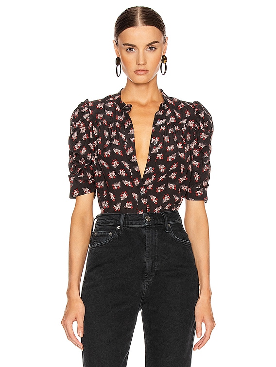 IKE様 FRAME Smocked Sleeve Yoke Top in Noir Multi | FWRD