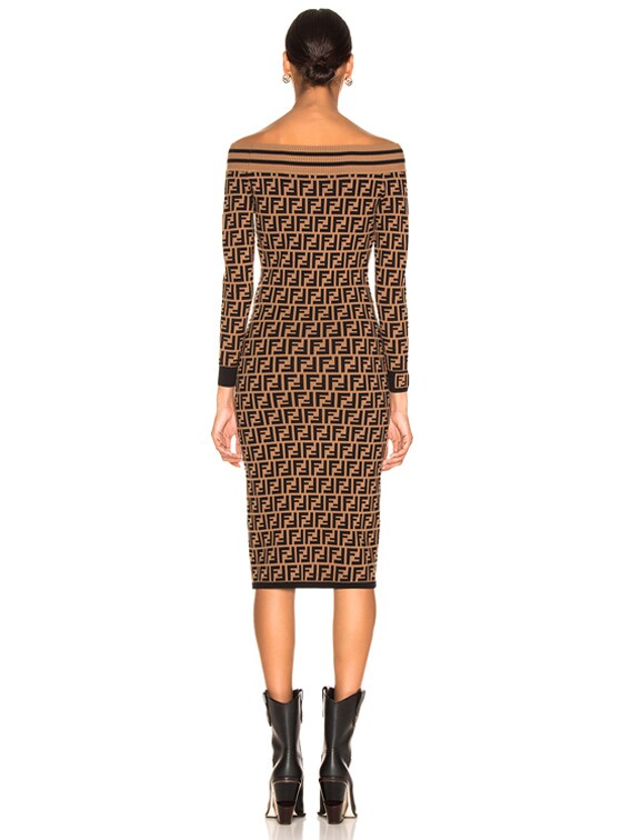 Fendi Logo Print Off Shoulder Sweater Dress in Tobacco Black FWRD