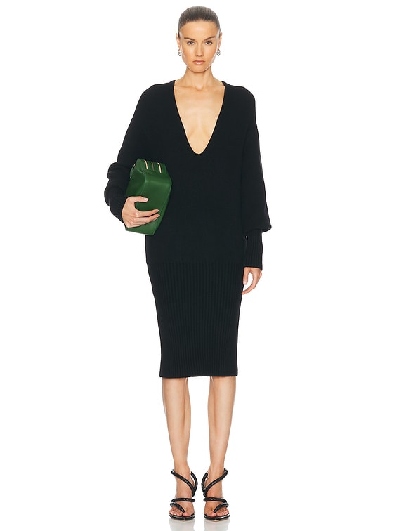Ferragamo Plunge Neck Midi Dress in Nero | FWRD