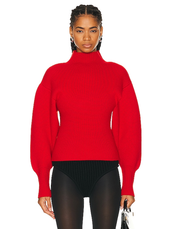 Ferragamo Turtleneck Puff Sleeve Knit Bodysuit in Red