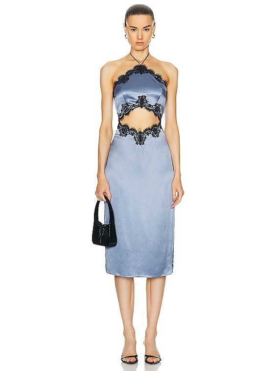 fleur du mal Silk And Lace Halter Dress in Denim | FWRD fleur du mal Silk And Lace Halter Dress in Denim | FWRD