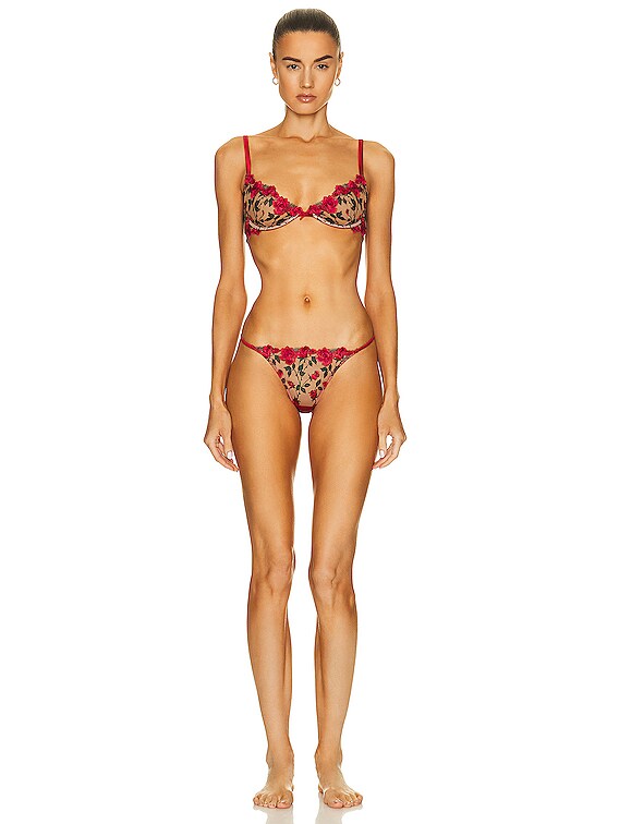 fleur du mal Roses and Thorns Embroidery Demi Bra in Rouge