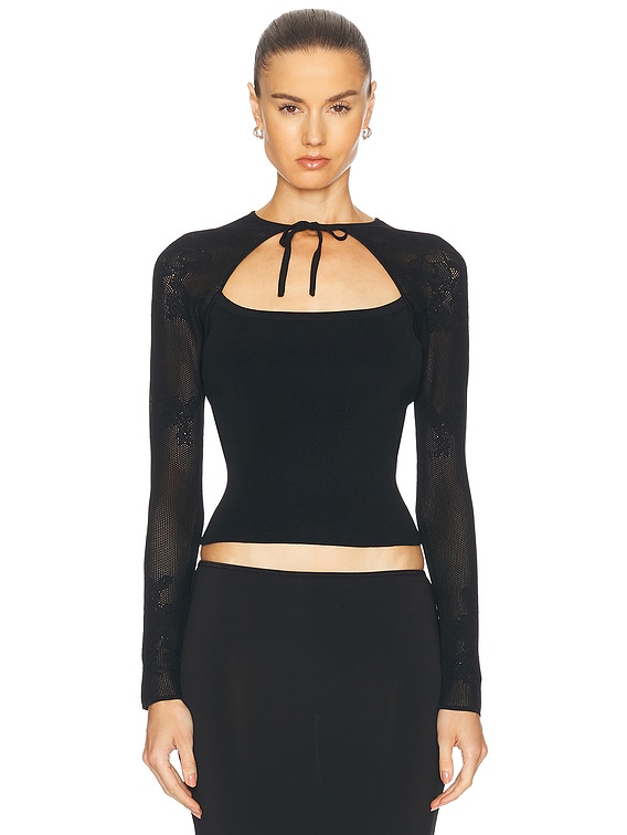 fleur du mal Lace Pointelle Knit Decolette Top in Black | FWRD