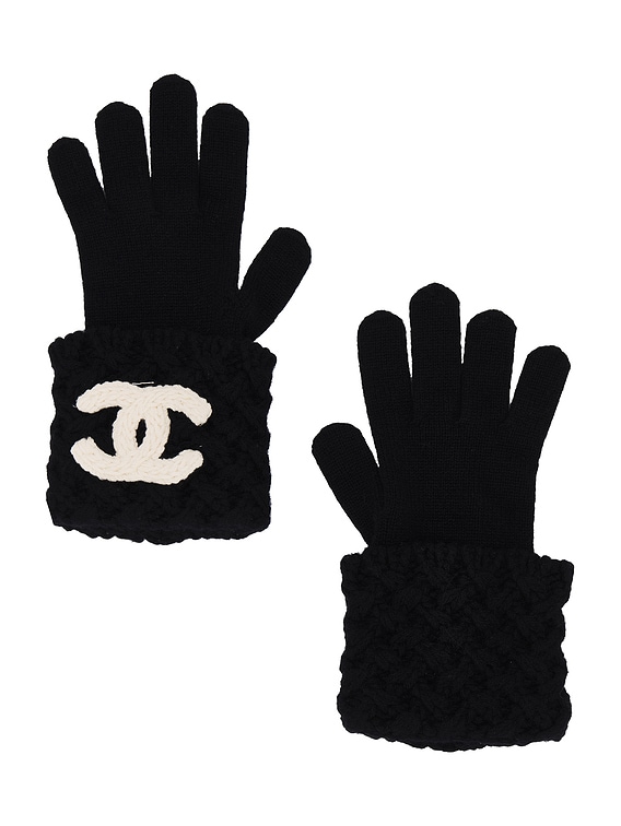 FWRD Renew Chanel Coco Mark Knit Gloves in Black FWRD