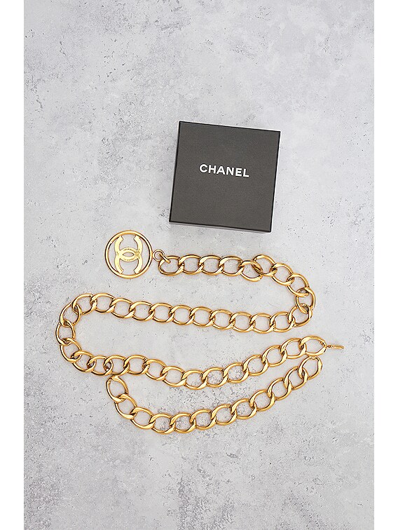 FWRD Renew Chanel Coco Mark Flower Rhinestone Chain Belt in Light