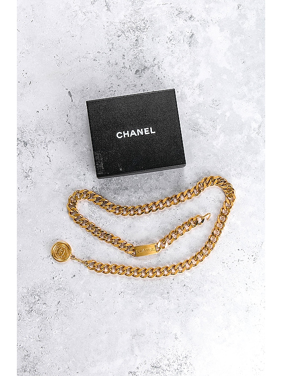 FWRD Renew Chanel Coco Mark Coin Chain Belt in Gold