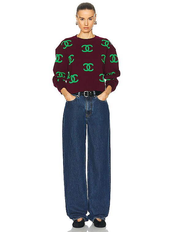 FWRD Renew Chanel CC Logo Sweater in Burgundy | FWRD FWRD Renew Chanel CC Logo Sweater in Burgundy | FWRD
