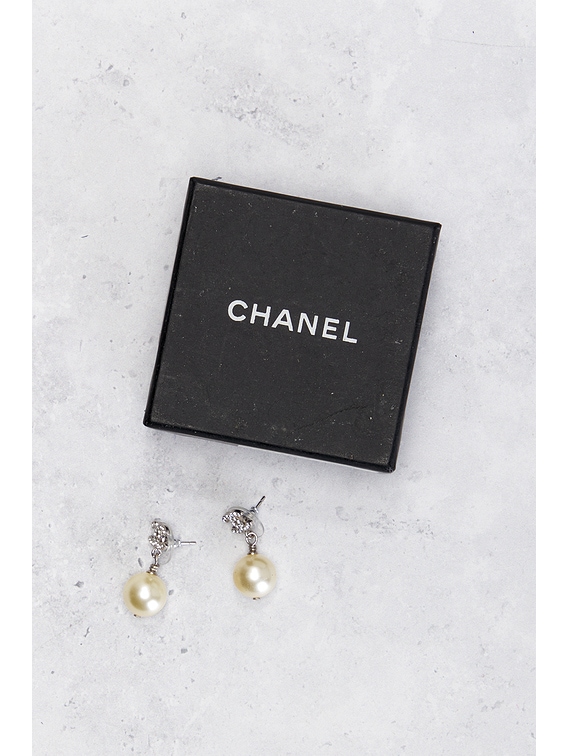 FWRD Renew Chanel Coco Mark Pearl Earrings in Silver | FWRD