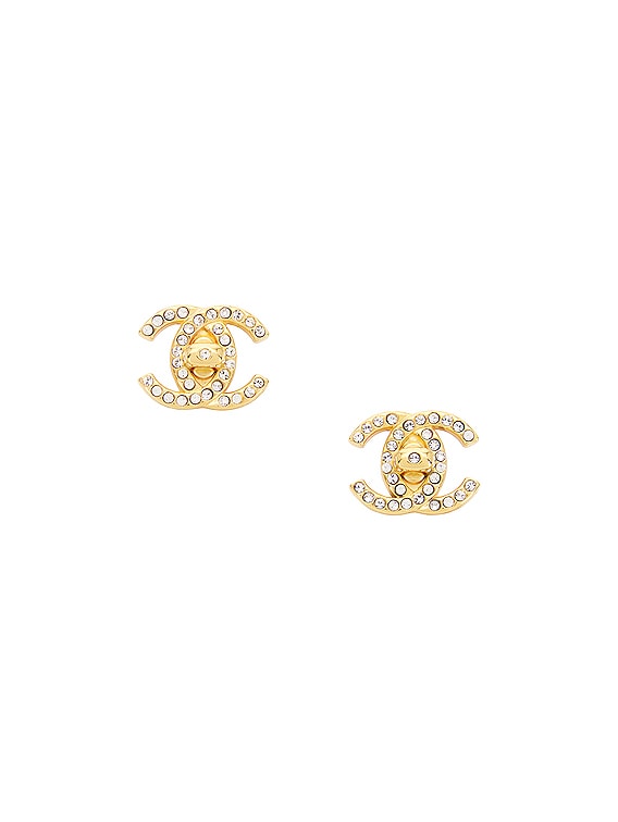 FWRD Renew Chanel Coco Rhinestone Earrings in Gold