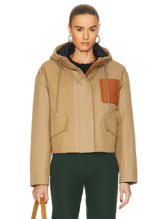 FWRD Renew Loewe Short Hooded Parka in Beige & Chestnut | FWRD