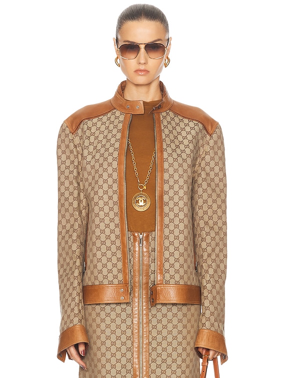 GUCCI ファーマフラー スエードレザー ゴールドボタン FWRD Renew Gucci GG Moto Jacket in Beige | FWRD