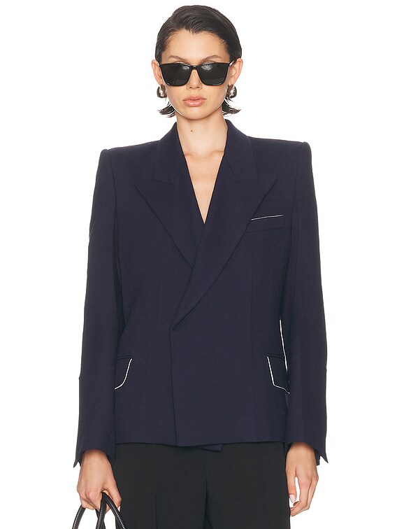 FWRD Renew Victoria Beckham Pointed Shoulder Jacket in Ink Blue | FWRD