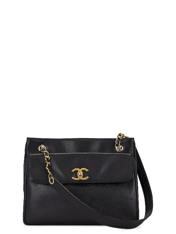 CHANEL Vintage Front Pocket Caviar Leather Shoulder Bag Black