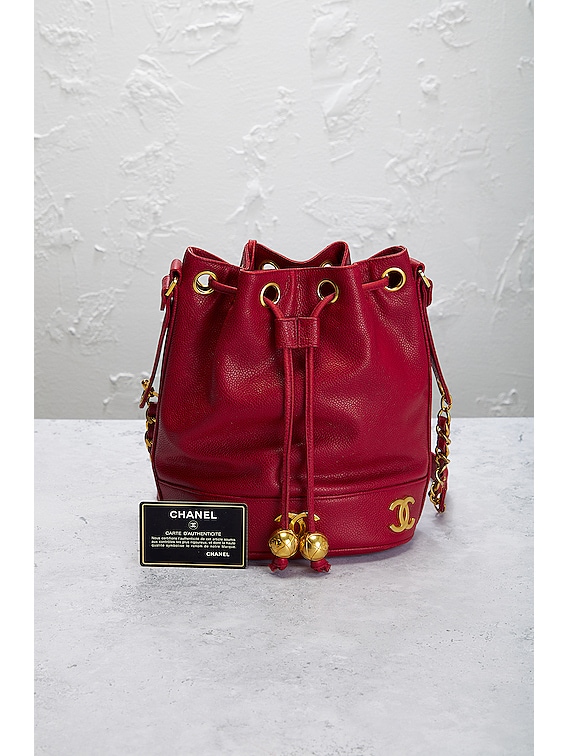 Chanel Womens Red Leather Quilted Vintage Drawstring Shoulder Bag Handbag
