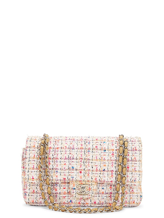 Chanel Medium Quilted Tweed Double Flap Chain Shoulder Bag in Ivory