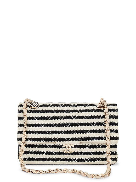 Black and White Quilted Striped Velvet Charms Medium Single Flap Bag Gold  Hardware, 2006-2008