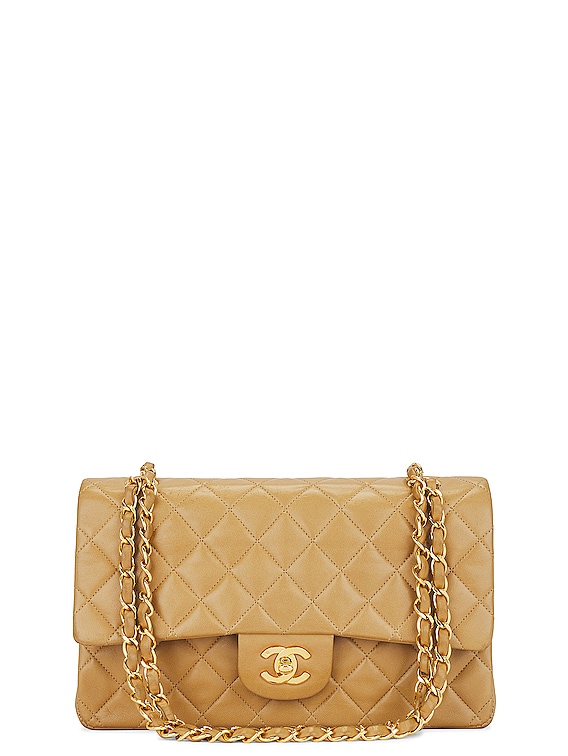 FWRD Renew Chanel Medium Quilted Lambskin Classic Double Flap Shoulder Bag  in Beige