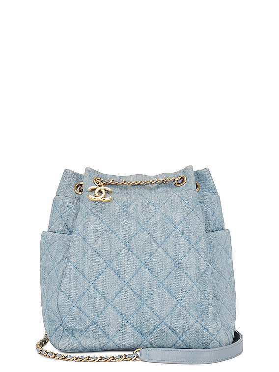 FWRD Renew Chanel Denim Drawstring Chain Bucket Bag in Blue