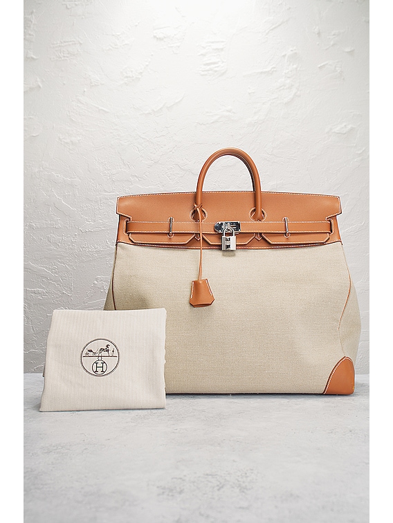 Hermes Top Handle Tan Leather And Ivory Canvas Birkin Bag, With