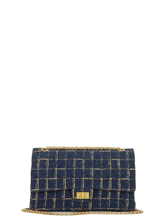 FWRD Renew Chanel Tweed Chain Double Flap Shoulder Bag in Navy