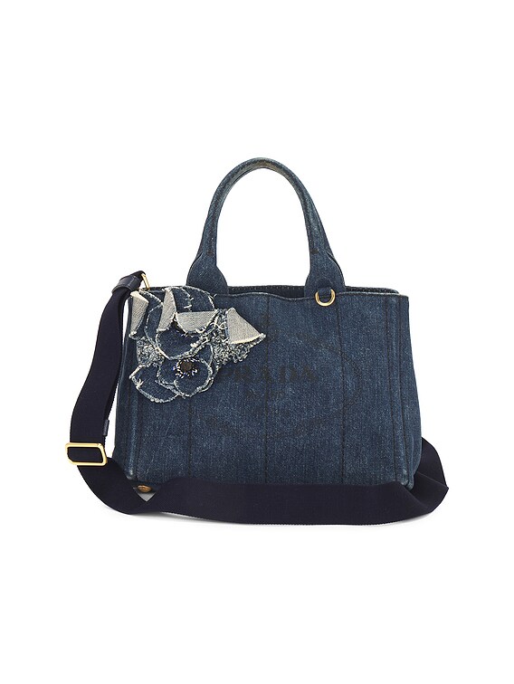 FWRD Renew Prada Denim Canapa Flower Handbag in Blue | FWRD