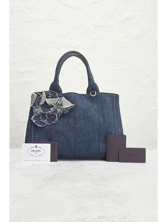 FWRD Renew Prada Denim Canapa Flower Handbag in Blue | FWRD