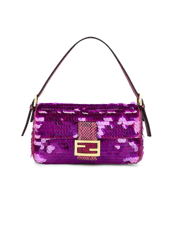 Fendi Sequin and Leather Baguette Mini Pink in Polyester with Gold-tone - US