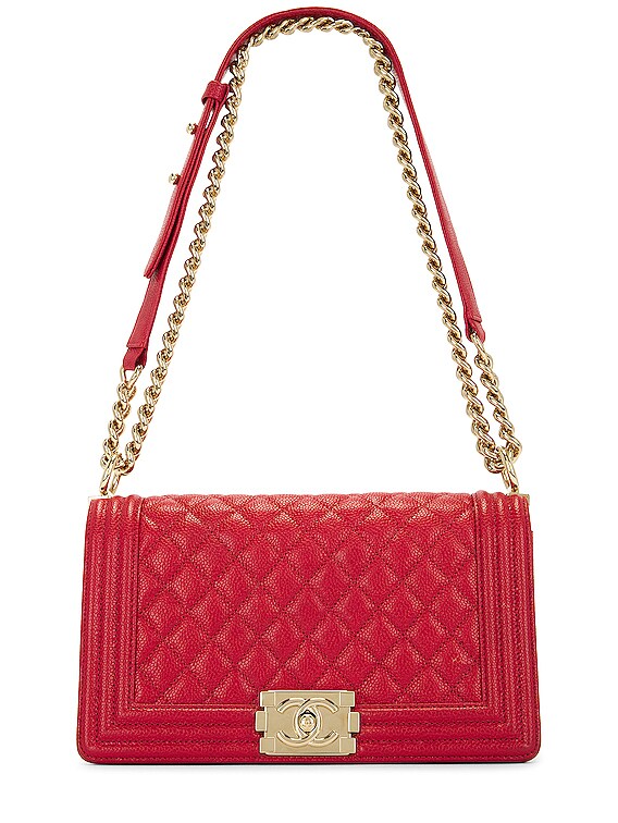 FWRD Renew Chanel Boy Quilted Caviar Flap Shoulder Bag in Red