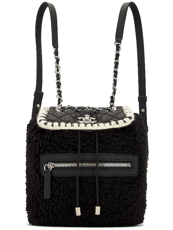 FWRD Renew Chanel Coco Neige Wool Chain Backpack in Black