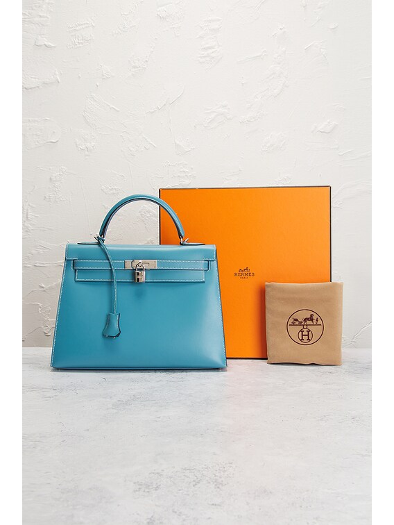FWRD Renew Hermes Box Kelly 32 Handbag in Bleu Jean | FWRD