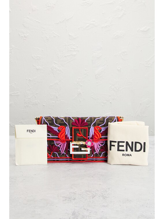 FWRD Renew Fendi FF Bird Embroidered Baguette Shoulder Bag in