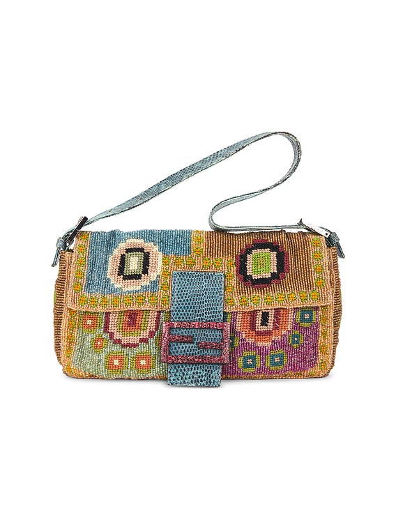 FWRD Renew Fendi Lizard Trimmed Beaded Baguette Shoulder Bag in