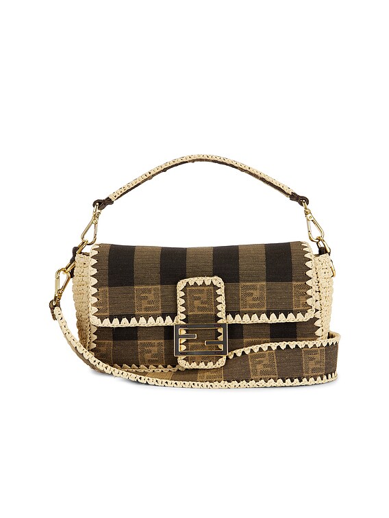 FWRD Renew Fendi Pequin Raffia Baguette Shoulder Bag in Brown | FWRD