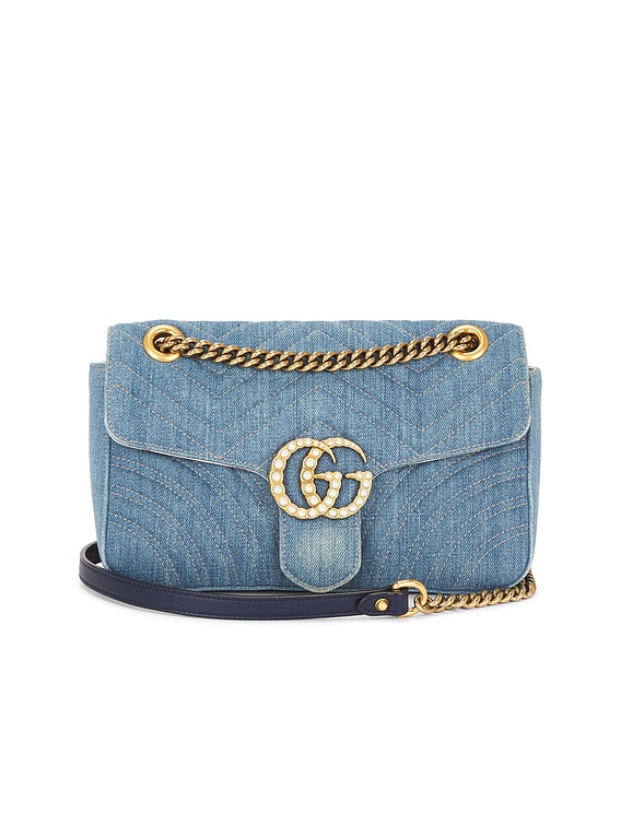 FWRD Renew Gucci Denim GG Marmont Shoulder Bag in Blue | FWRD