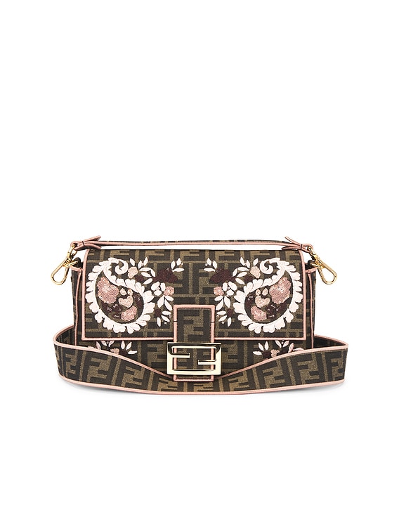 FWRD Renew Fendi Zucca Embroidered Baguette Shoulder Bag in Brown