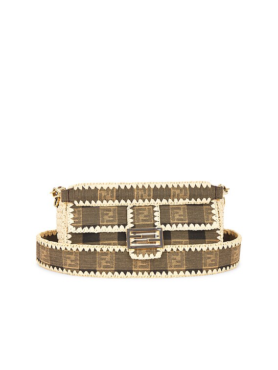 FWRD Renew Fendi Pequin Baguette Shoulder Bag in Beige | FWRD