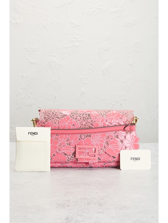 FWRD Renew Fendi Embroidered Lace Baguette Shoulder Bag in Pink | FWRD