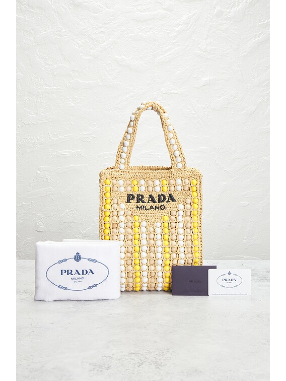 FWRD Renew Prada Raffia & Wood Beaded Tote Bag in Beige | FWRD
