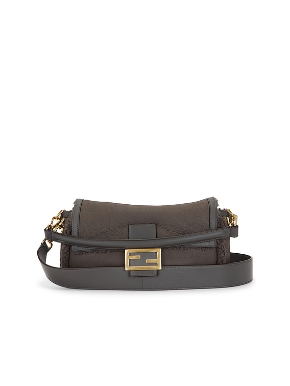 FWRD Renew Fendi Shearling Baguette Shoulder Bag in Grey | FWRD
