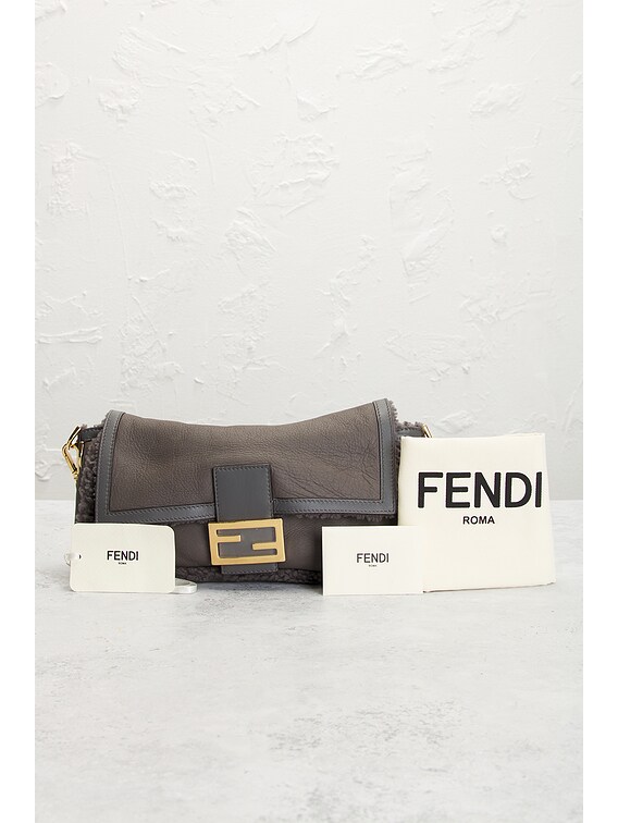 FWRD Renew Fendi Shearling Baguette Shoulder Bag in Grey | FWRD