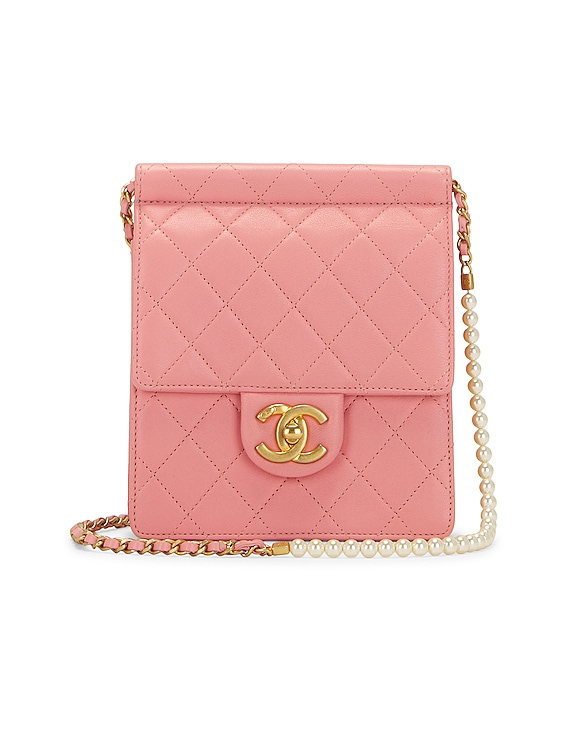 FWRD Renew Chanel Matelasse Lamb Mini Pearl Chain Shoulder Bag in Pink