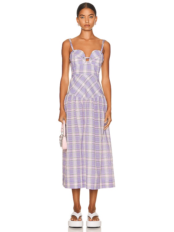 Ganni Seersucker Check Midi Dress in Check Persian Violet | FWRD