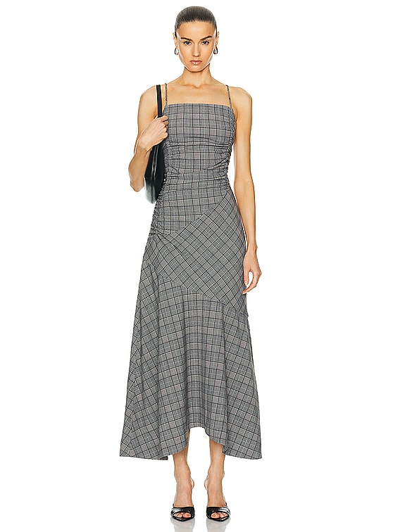 Ganni Check Mix Ruched Long Slip Dress in Frost Gray | FWRD