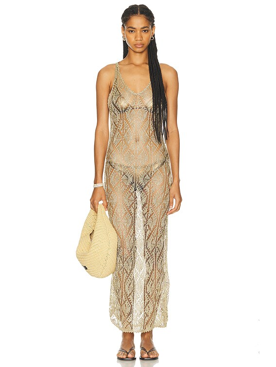 Ganni Metallic Long Dress in Golden | FWRD