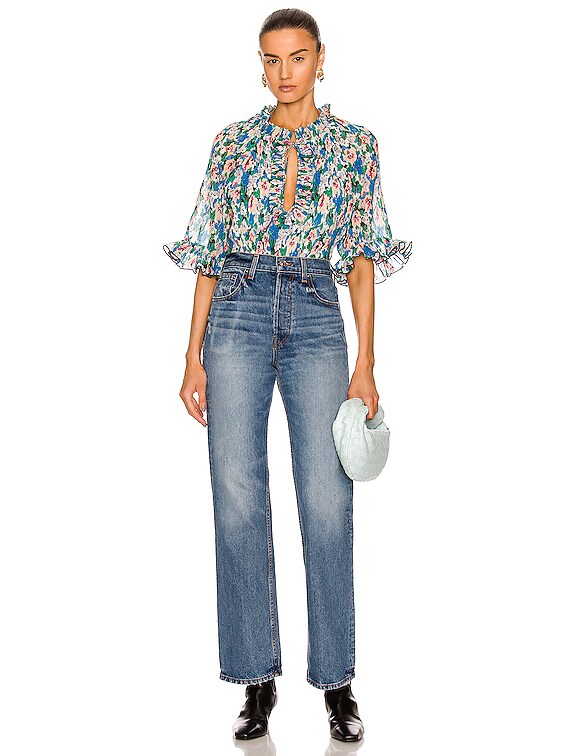 Ganni Pleated Georgette Top in Floral Azure Blue | FWRD