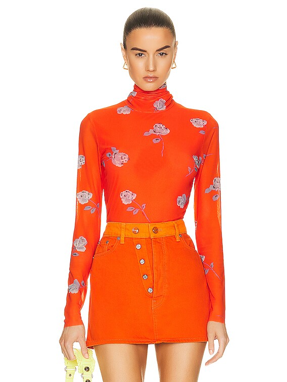 Ganni Printed Mesh Long Sleeve Turtleneck Top in Orangeade | FWRD